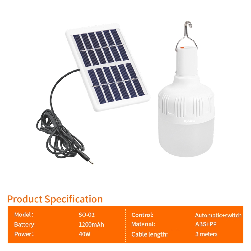 d-power โคมไฟโซล่าเซลล์แผงโมโน 40W รุ่น SO-02 ชาร์จได้ 2แบบ เปิด-ปิดไฟอัตโนมัติ แสงขาว Daylight - รายละเอียดสินค้า 24
