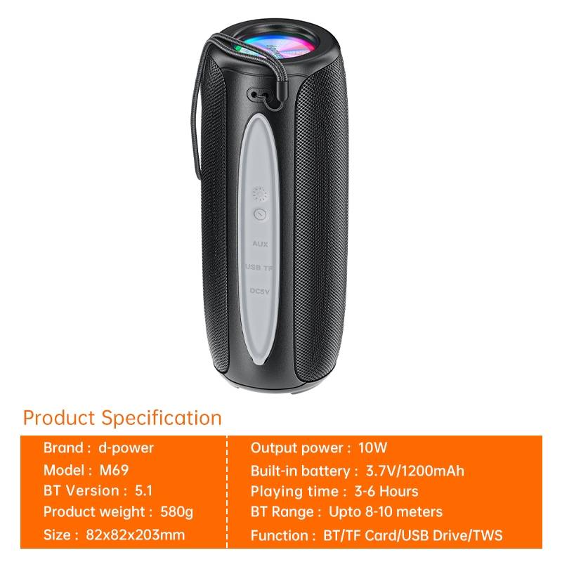 d-power ลำโพงบลูทูธพกพา รุ่น M69 ไฟ RGB light แบตเตอรี่ในตัว1200mAh USB/TF- Card/AUX In3.5mm/BT - รายละเอียดสินค้า 22