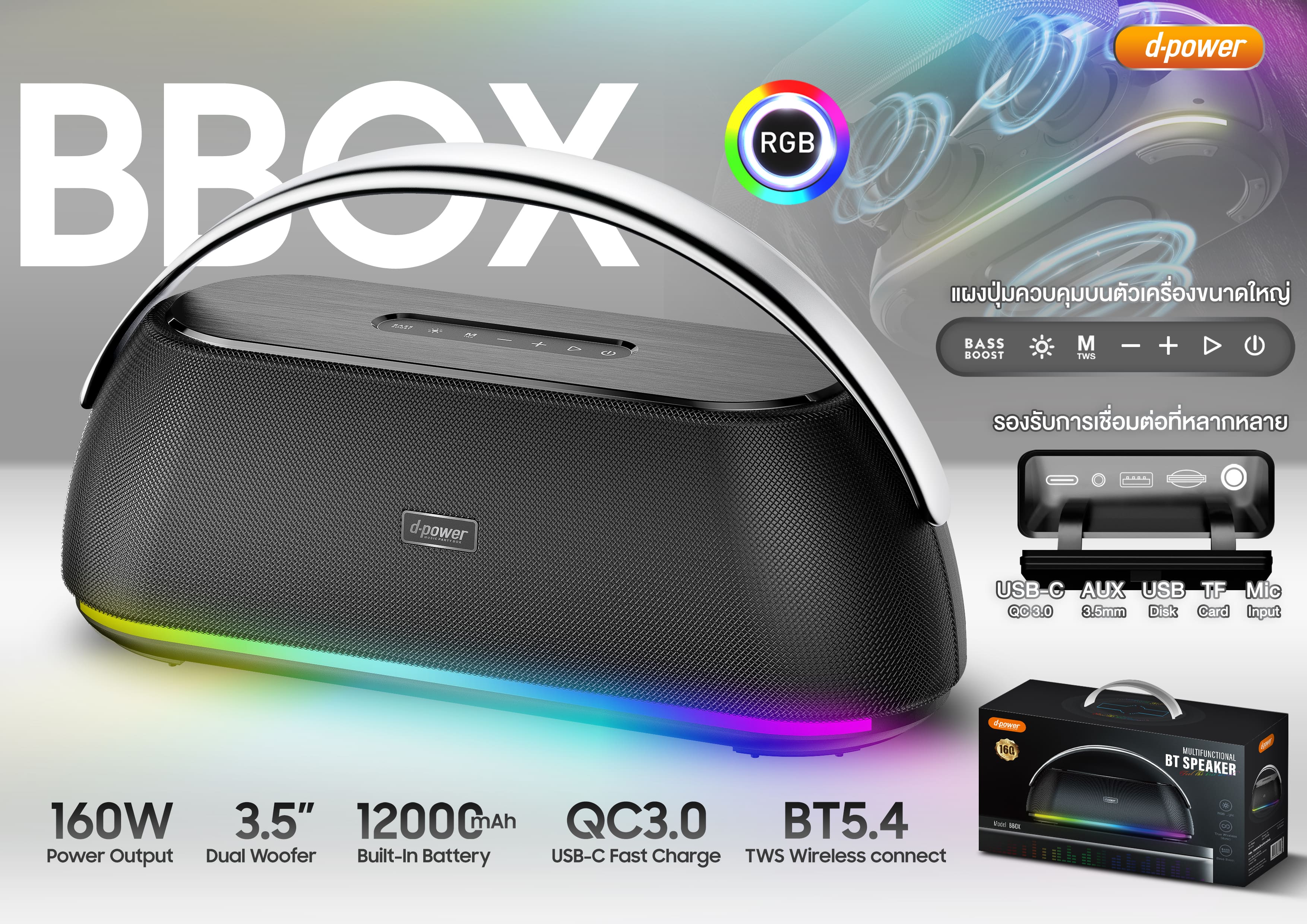 d-power BBox ลำโพงบลูทูธ 160W ลำโพงไร้สาย เบสหนัก ไฟ RGB แบต 12000mAh BT 5.4 รองรับ TWS - รายละเอียดสินค้า 22