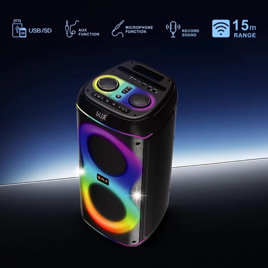 AJ X1000 ลำโพงปาร์ตี้ 150W ดอก 8" 2ดอก ไมค์ลอย 2 ตัว ไฟ RGB TWS บันทึกเสียง USB/SD/AUX แบต 4000mAh - รายละเอียดสินค้า 1