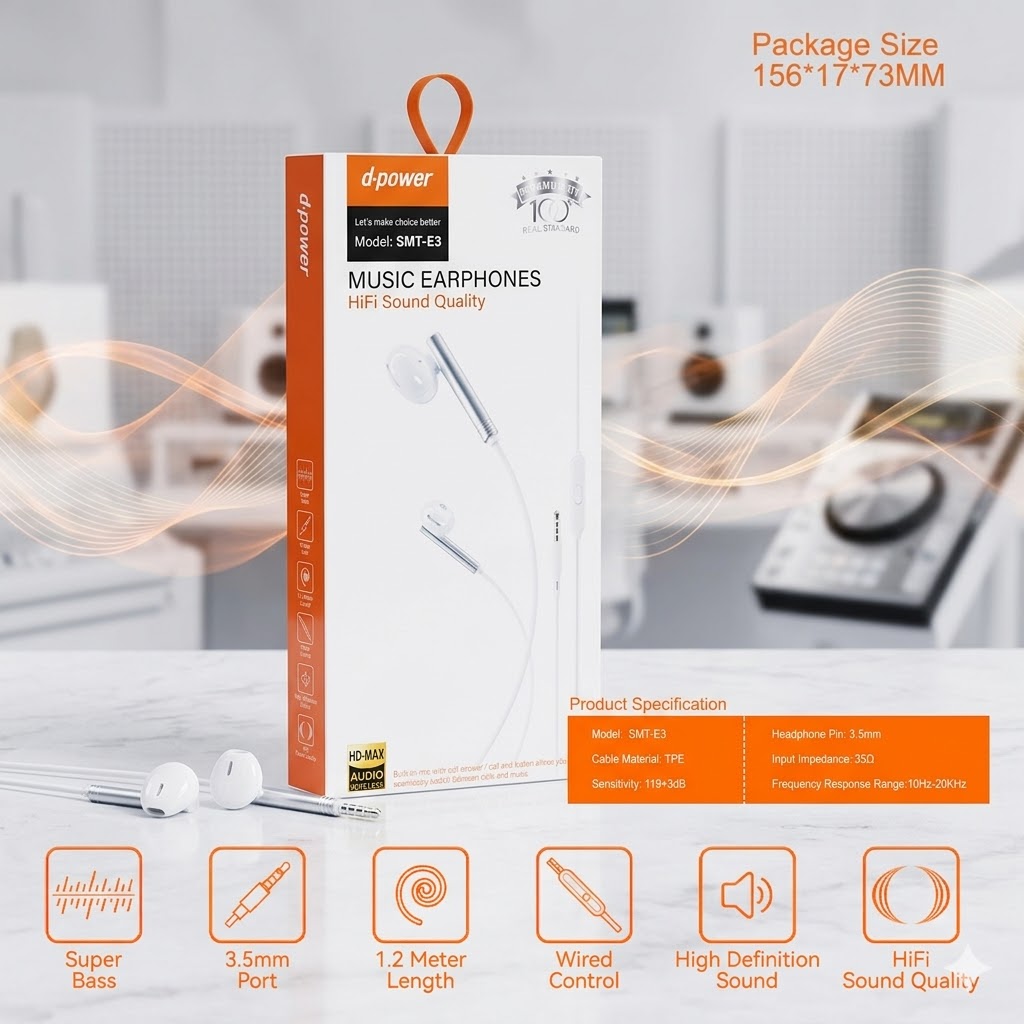 d-power หูฟังมีสาย รุ่น SMT-E3 แจ็คมาตรฐาน 3.5mm เสียงดี Hi-Fi สเตอริโอ Super Bass ไมค์ในตัว ยาว1.2M - รายละเอียดสินค้า 23