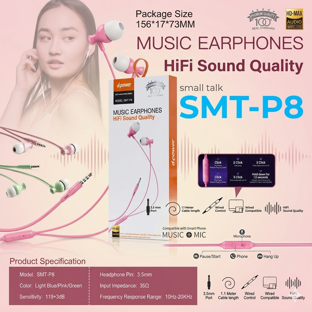 d-power หูฟังพาสเทล สมอลทอล์ค รุ่น SMT-P8 เสียงดี Hi-Fi สเตอริโอ มีไมค์ แจ็ค 3.5mm สายยาว 1.1M (สีชมพู Pink) - รายละเอียดสินค้า 1