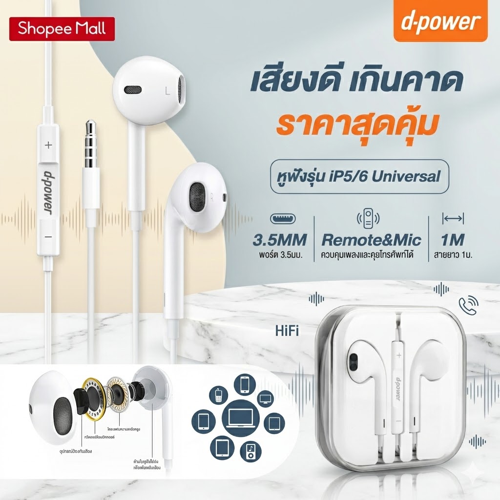 d-power หูฟังสมอลทอล์ค รุ่น iP6 Universal แจ็ค 3.5mm เสียงดี เบสแน่น ทรงเอียร์บัดใส่สบาย มีไมค์และปุ่มปรับเสียง - รายละเอียดสินค้า 1