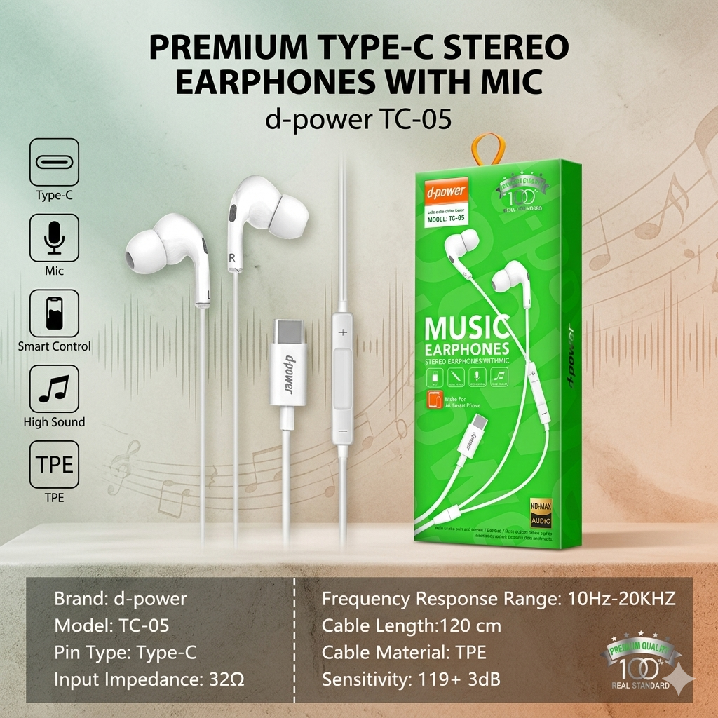 d-power หูฟัง Type-C รุ่น TC-05 สมอลทอล์ค มีไมค์ในตัว เสียงดี HD-MAX Audio ตัดเสียงรบกวน สายยาว 1.2M - รายละเอียดสินค้า 1
