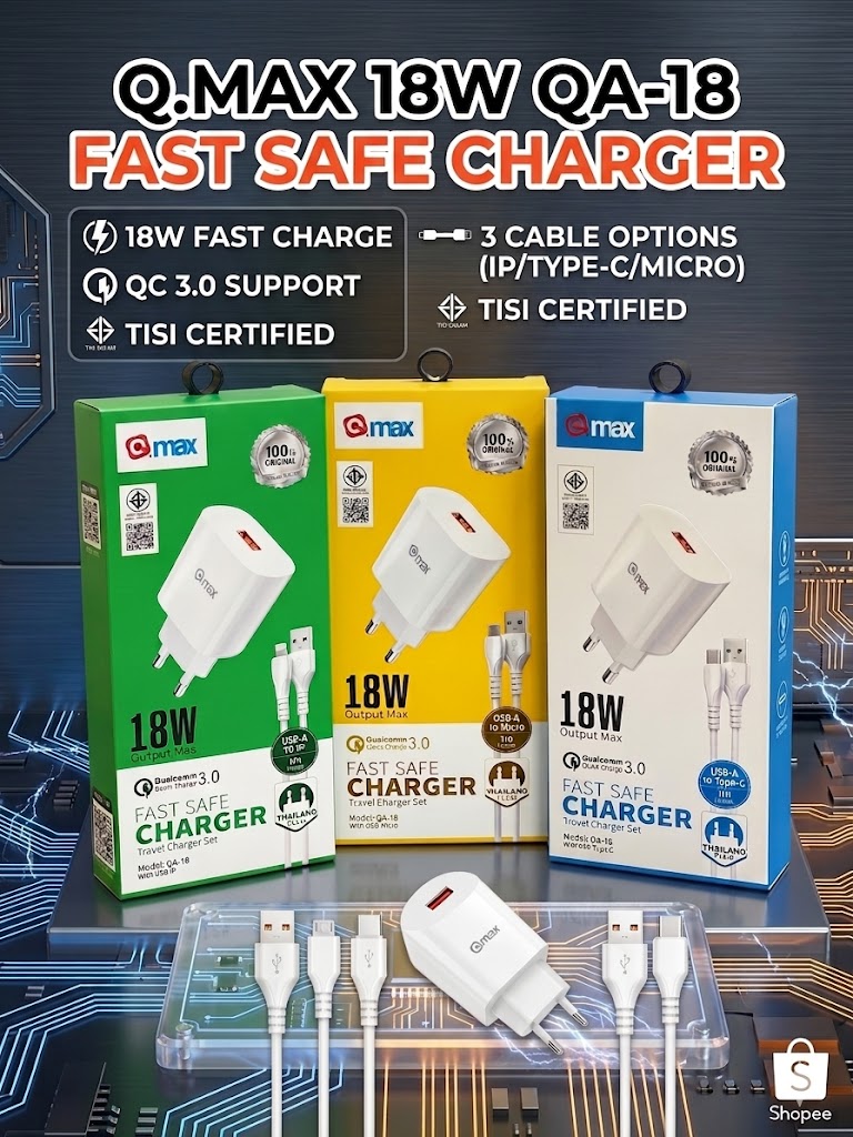 Q.MAX หัวชาร์จพร้อมสาย รุ่น QA-18 Fast Charge 18W รองรับ QC 3.0 มี มอก. ปลอดภัย (มีให้เลือก 3 หัว) - รายละเอียดสินค้า 41
