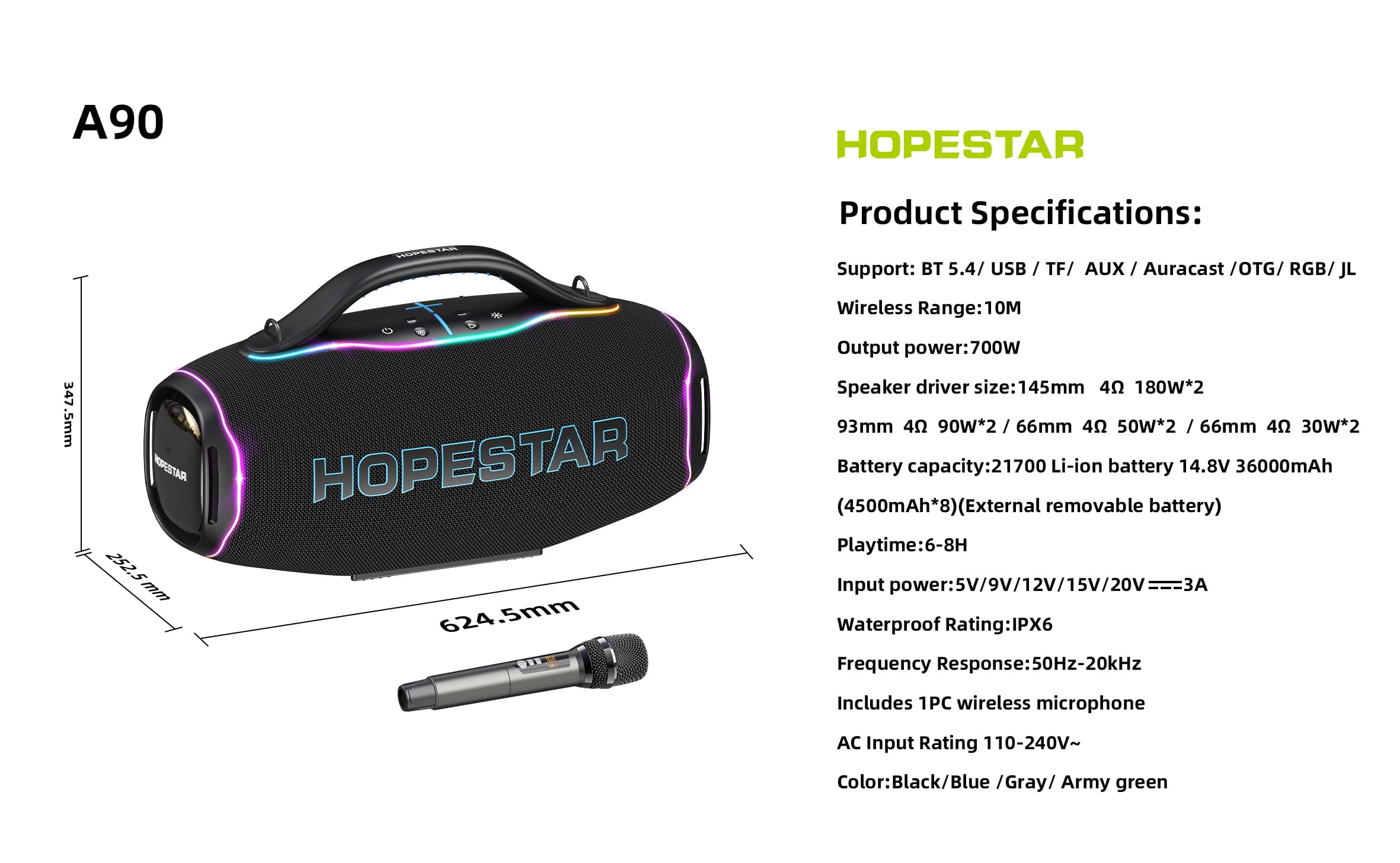 [ผ่อน0%]HOPESTAR A90 Pro 700W ลำโพงบลูทูธ BT5.4 กันน้ำ IPX6 แบตถอดได้ 36000mAh + ไมค์ไร้สาย สีดำ - รายละเอียดสินค้า 4