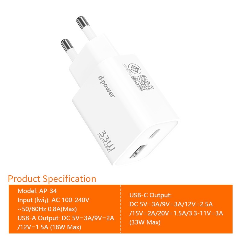 d-power หัวชาร์จเร็ว 33W รุ่น AP-34 PD+QC Dual Port (Type-C+USB) รองรับ PPS ปลั๊กไทย ไม่รวมสาย - รายละเอียดสินค้า 1