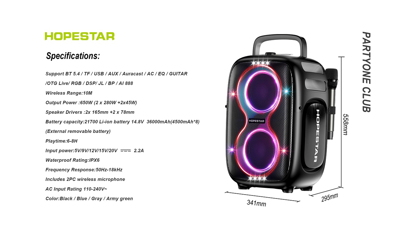[ผ่อน0%]HOPESTAR PARTYONE CLUB ลำโพงบลูทูธ 650W ไมค์คู่ไร้สาย เบสหนัก AI SoundBoost ประกันศูนย์ 1ปี - รายละเอียดสินค้า 12