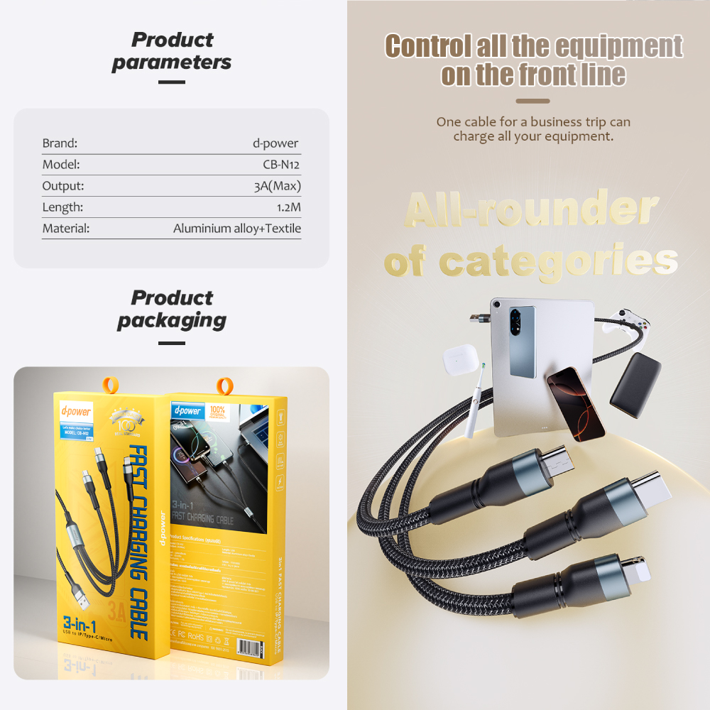 d-power สายชาร์จ 3in1 USB To Type-C+Micro+iP Charger Fast charging 2.4A,3A max รุ่น CB-N10,CB-N12 - รายละเอียดสินค้า 22