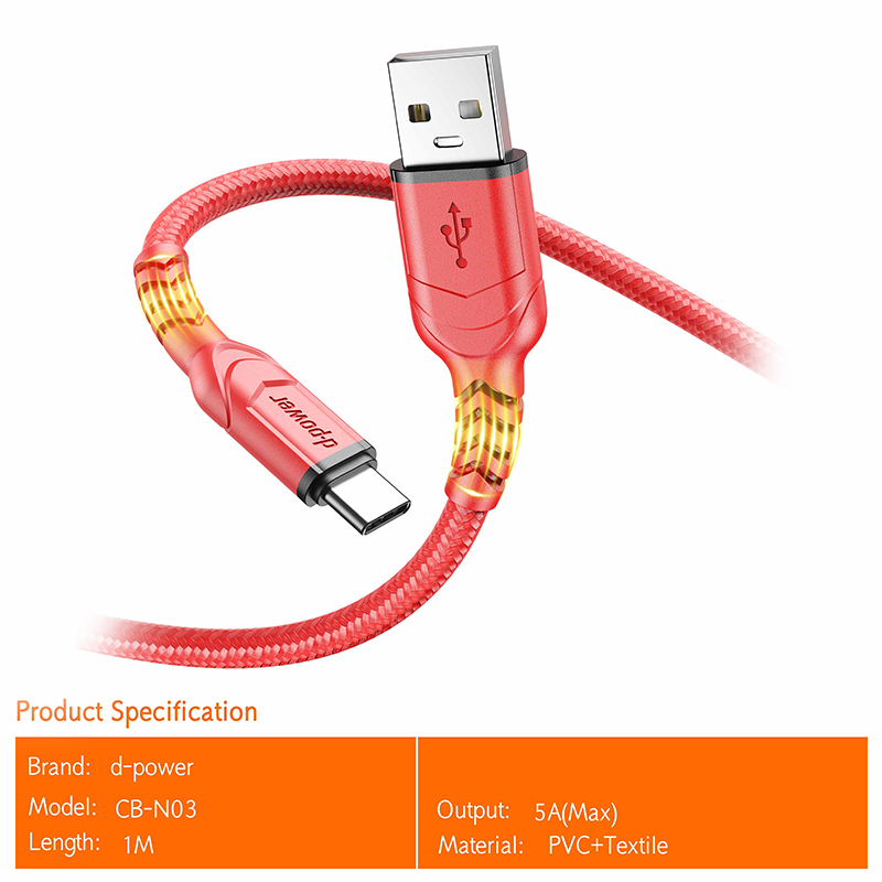 d-power สายชาร์จเร็ว 5A MAX รุ่น CB-N03 สายถักพรีเมียม ทนทาน หุ้มข้อต่อกันหัก 1M(Micro USB/Type-C) - รายละเอียดสินค้า 1