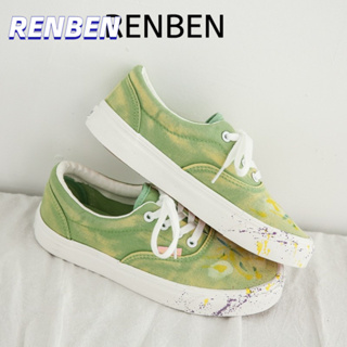 RenBen2022 ใหม่รองเท้าผ้าใบ Graffiti สีเขียวแบนรองเท้าผ้าใบเกาหลีผู้หญิง