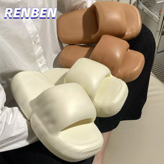 RENBEN ผู้หญิงรองเท้าแตะส้นหนาสามารถสวมใส่นอกบ้านรองเท้าแตะคู่แบบเรียบง่ายสีลูกกวาดที่บ้าน