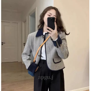 พร้อมส่ง💖 (AP014)paris jacket เสื้อคลุมแขนยาว สไตล์เกาหลี สีเทา ขอบน้ำเงิน ดูดี apgu.j