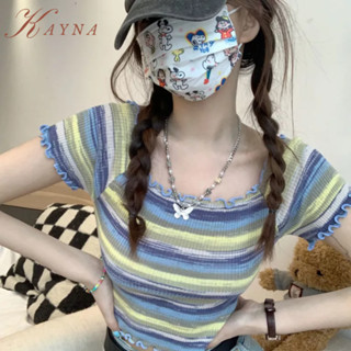 KAYNA ผู้หญิงเสื้อยืดสาวร้อนหนึ่งไหล่สั้นหูไม้ฤดูร้อนเก๋ภายในแขนสั้นเสื้อยืดด้านบนของผู้หญิงเสื้อ