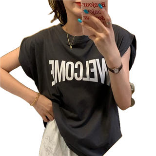 KSA เสื้อยืดแขนกุดสกรีนลายตัวหนังสือ  oversize เสื้อผ้าวินเทจผู้หญิง  เสื้อสไตล์เกาหลีน่ารัก ใส่สบาย tshirts xxl