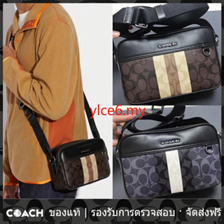 OUTLET💯 Coach Men C9965 กระเป๋าสะพายข้าง Graham ในผ้าใบลายเซ็นที่ถูกบล็อกด้วย Varsity Stripe ในมะฮอกกานี