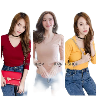 พร้อมส่ง#157🌻เสื้อยืดคอวีแขนยาว cotton🌻basic  style