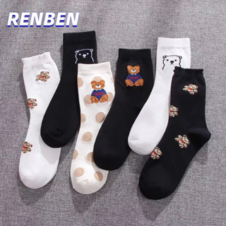 RENBEN ฤดูใบไม้ร่วง ใหม่ วิทยาลัยสไตล์ญี่ปุ่น เวอร์ชั่นเกาหลี ถุงเท้าหลอดกลาง หมีการ์ตูน โลลิต้า loli นักเรียน ขาว น้ำดำ