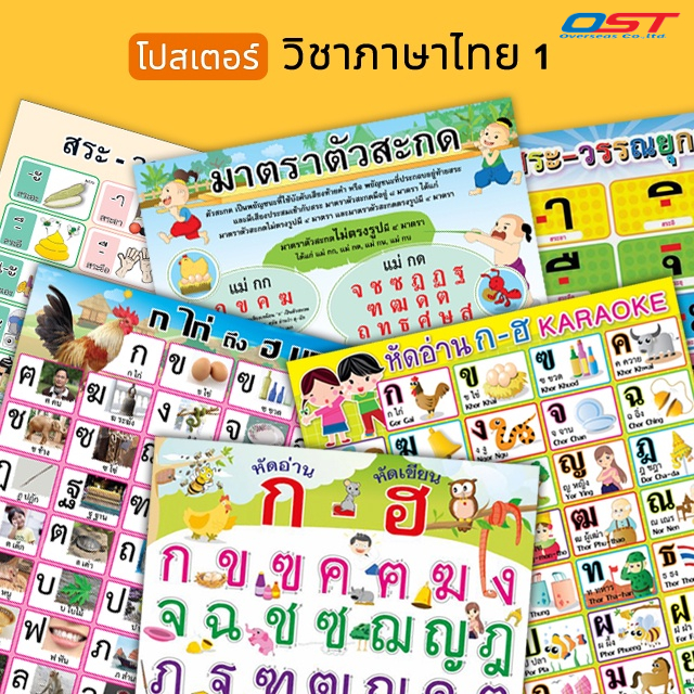 โปสเตอร์พลาสติก-กระดาษ วิชาภาษาไทย (ก-ฮ ,สระ-วรรณยุกต์,คำควบกล้ำ) ขนาด 50x70 ซม. มีหลายแบบให้เลือก