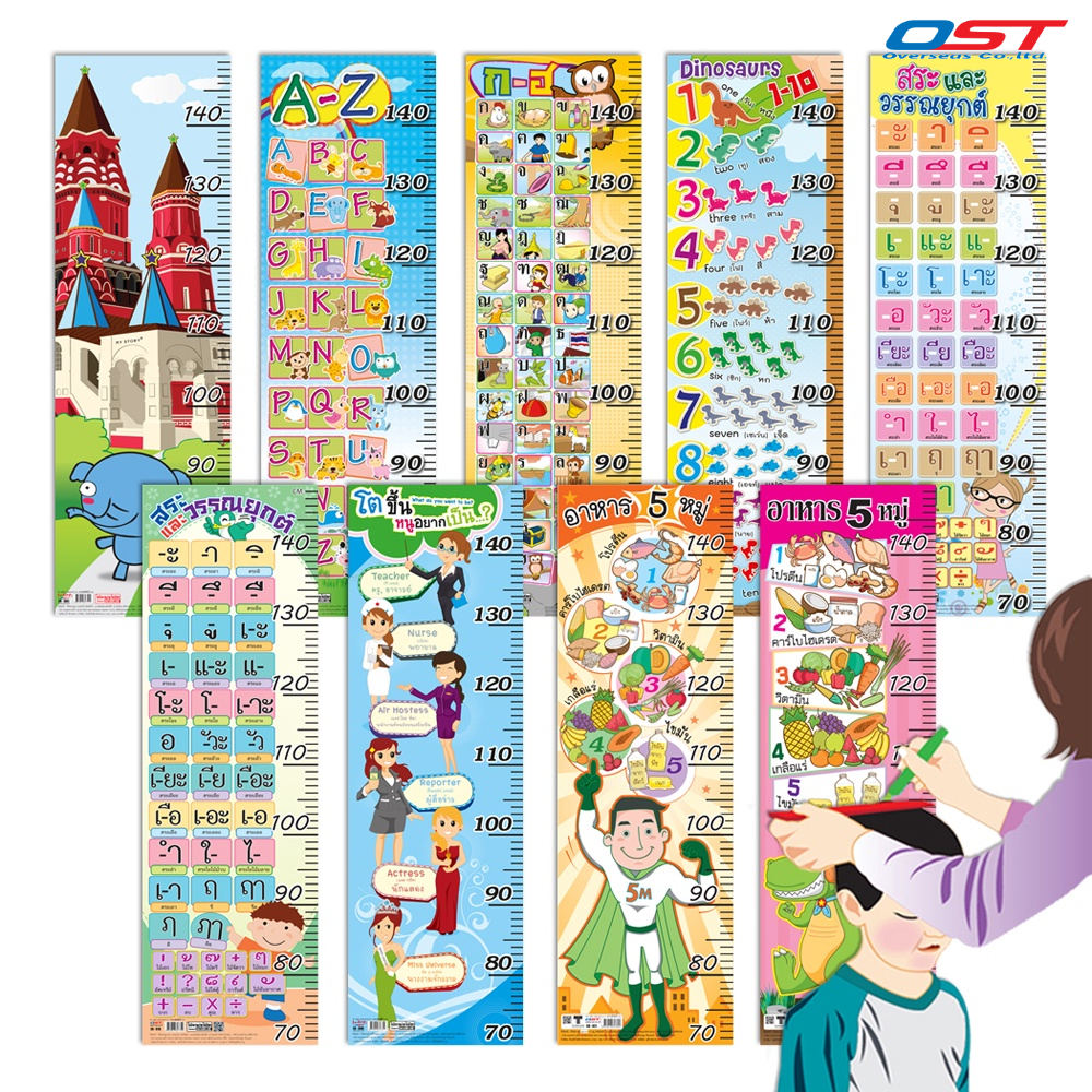 ที่วัดส่วนสูง 70-150 ซม. ลวดลายน่ารัก ผลิตจากพลาสติก พิมพ์สีสด (บรรจุ 1 ชิ้น) มีให้เลือกหลายแบบ