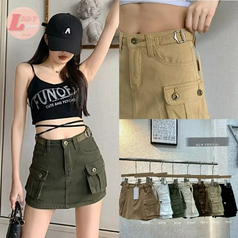 LADY_JEANS#1980(K)กระโปรงกางเกง Y2K แนวคาร์โก้ เอวสูง ผู้หญิง พร้อมส่ง