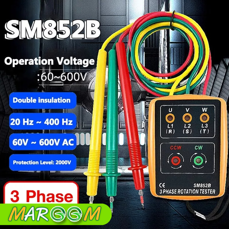 มิเตอร์วัดเฟสไฟฟ้า เครื่องวัดเฟสไฟฟ้า 3เฟส แสดงผลด้วยไฟ LED รุ่น SM852B Indicator Detector Meter 3Phase Rotation Tester