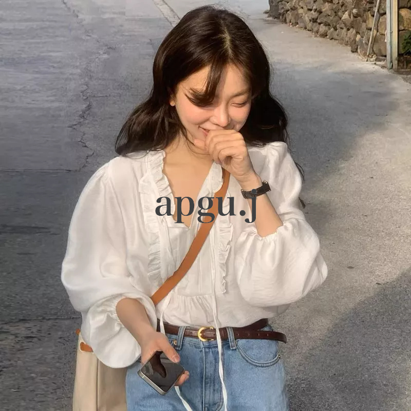 พร้อมส่ง💖 (AP024) white sese top shirt เสื้อแขนยาว สไตล์เกาหลี ใส่ทำงาน เแขนพอง apgu.j