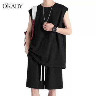 OKADY กางเกงห้าจุดอินเทรนด์ ชุดลำลอง แฟชั่นผู้ชายใหม่ เสื้อกั๊กแขนกุด เสื้อกั๊กวรรณกรรมที่เรียบง่าย