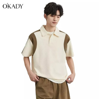 OKADY เย็บเสื้อโปโลผู้ชายแขนสั้นหลวมแนวโน้มอเมริกันวาฟเฟิลปกเสื้อยืดแขนครึ่ง