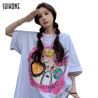 Suikone   เสื้อยืดผู้ชายแฟชั่นแขนสั้นผ้าฝ้ายพิมพ์ลายการ์ตูนลำลองเสื้อยืดใส่ได้ทั้งชายและหญิงใส่คู่ได้