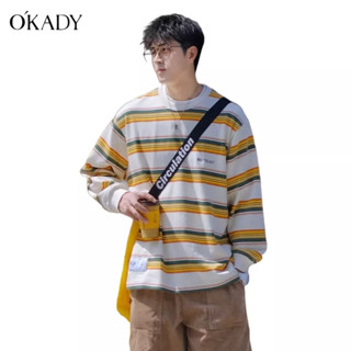 OKADY เสื้อสเวตเตอร์คอกลมลายทางด้านบน เสื้อกันหนาวแบบสบาย ๆ สไตล์ย้อนยุคของผู้ชายอเมริกันย้อนยุค