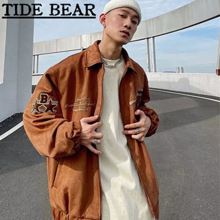 TIDE BEAR เสื้อผู้ชาย อเมริกันเรโทรถนน ฮิปฮอปคู่ตัวอักษรเย็บปักถักร้อยอารมณ์อกเดียวปกแขนยาว