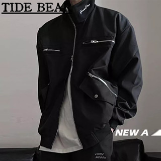 TIDE BEAR เสื้อผู้ชาย เกาหลีย้อนยุคสบายๆ ถนนสูงซิปกระเป๋าหลายคู่สีทึบหลวมเบสบอลเครื่องแบบ