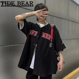 TIDE BEAR เสื้อผู้ชาย เกาหลีย้อนยุคแขนสั้น ฮิปฮอปจดหมายพิมพ์คู่เบสบอลลำลองด้านบน