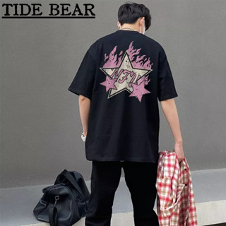 TIDE BEAR เสื้อยืดผู้ชาย อเมริกันเรโทรถนน ดาวพิมพ์ผู้ชายและผู้หญิงผ้าฝ้ายแขนสั้น