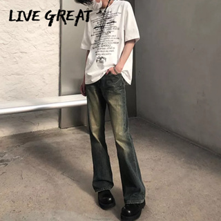 LIVE GREAT กางเกงยีนส์ผู้ชายวินเทจฤดูร้อนบางกางเกง