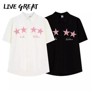 LIVE GREAT เสื้อเชิ้ตผู้ชายอเมริกันย้อนยุคสูงถนนสูงกลาง-ความยาวปักเสื้อคู่