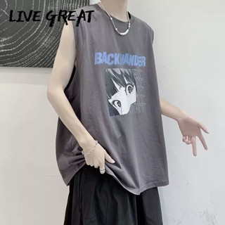 LIVE GREAT เสื้อกั๊กผู้ชายฤดูร้อนใหม่อินเทรนด์แฟชั่นตัวอักษรพิมพ์ด้านบนหลวมสบาย ๆ เสื้อยืดคอกลมแขนกุด