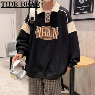 TIDE BEAR เสื้อโปโลผู้ชาย อเมริกันเรโทรถนน คู่สีจับคู่วาฟเฟิลหลวมออกแบบปกเสื้อแขนยาว