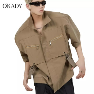 OKADY เสื้อเชิ้ตญี่ปุ่นชายแฟชั่นเมืองหลวมเรียบง่ายปกเสื้อญี่ปุ่นแขนห้าส่วนอเนกประสงค์อินเทรนด์และเป็นที่นิยมทุกวัน