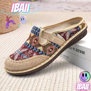 IBAII.  ใหม่สไตล์ชาติพันธุ์ผ้าลินินพักผ่อนบ้านแม่รองเท้าแตะครึ่งระบายอากาศ