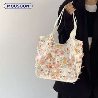 MOUSOON กระเป๋าโท้ทลายดอกไม้ กระเป๋าผ้าแคนวาสความจุสูงอเนกประสงค์ระดับไฮเอนด์