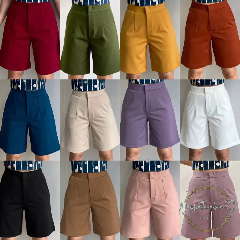 🔥Hot Item กางเกงขาสั้นผ้าโรเชฟซิปหน้า(S-36)โทนสีสดใส (รุ่นยาว19 นิ้ว)