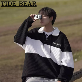 TIDE BEAR เสื้อโปโลผู้ชาย เกาหลีย้อนยุคสบายๆ จดหมายลายคมชัดสีครึ่งคอโยหนาเสื้อกันหนาว