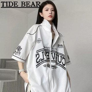 TIDE BEAR เสื้อผู้ชาย อเมริกันเรโทรถนน คอสูงครึ่งซิปผู้หญิงเบสบอลบางเครื่องแบบแขนสั้น