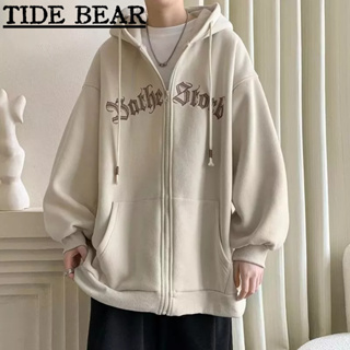 TIDE BEAR เสื้อกันหนาวหมวกขาวผู้ชาย เกาหลีย้อนยุคสบายๆ สไตล์คู่ที่เรียบง่ายบวกกำมะหยี่ตัวอักษรเย็บปักถักร้อยหลวม