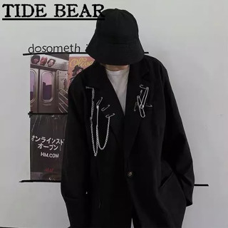 TIDE BEAR เสื้อสูทผู้ชาย เกาหลีย้อนยุคสบายๆ ขาตกแต่งสีดำสีทึบคาร์ดิแกน