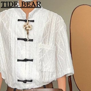 TIDE BEAR เสื้อผู้ชาย ยืนขึ้นคอหัวเข็มขัดแขนสั้น ท็อปส์ซูสไตล์จีนสำหรับผู้ชายและผู้หญิง