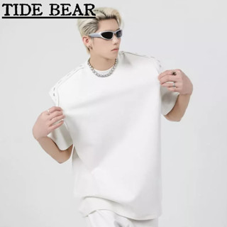 TIDE BEAR เสื้อยืดผู้ชาย เกาหลีย้อนยุคแขนสั้นลำลอง Summerร้อนสีทึบโลหะออกแบบแฟชั่นสะพายไหล่ระดับไฮเอนด์ด้านบนหลวม