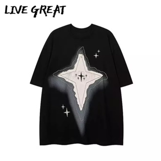 LIVE GREAT เสื้อยืดผู้ชายแนวโน้มแฟชั่นใหม่เฉพาะความรู้สึกการออกแบบพิมพ์ด้านบนหลวมสบาย ๆ ทุกการแข่งขันคอกลมแขนสั้น